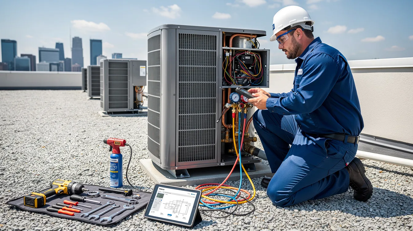 HVAC technician repairing outdoor air conditioning condenser unit on a rooftop in Kuwait